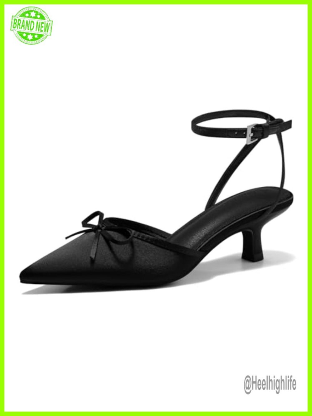 Satin Kitten Heels Pointed Toe Bow Ankle Strap Low Pumps Wedding Party Shoes